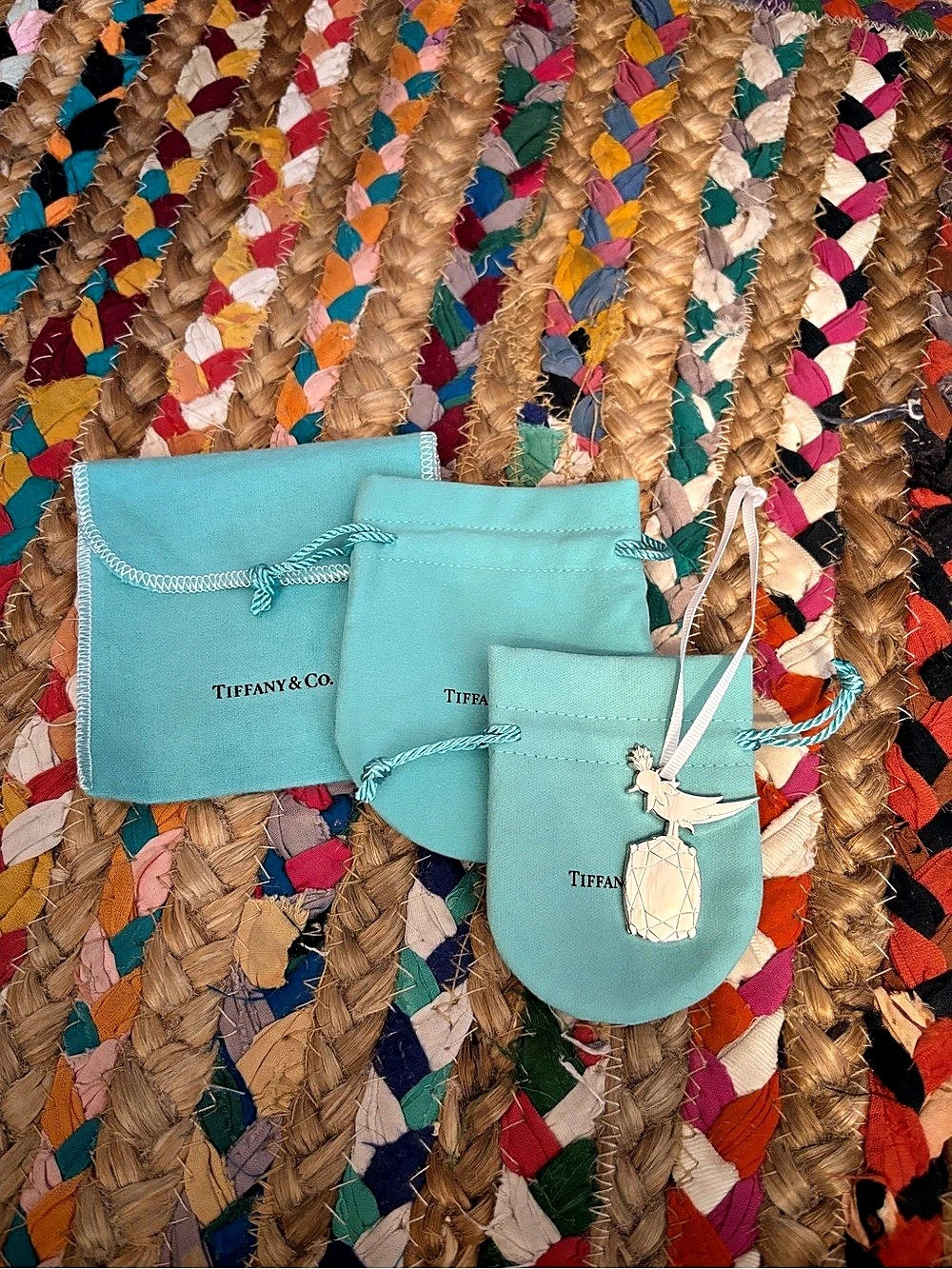 Tiffany & Co. Blue Pouch Set and Bird on a Rock charm Like New